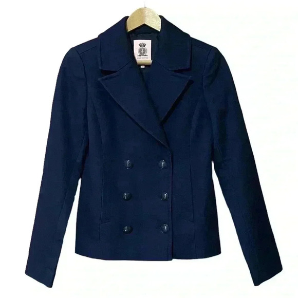Juicy Couture Navy Double Breasted Cotton Stretch Peacoat Sz S Coastal Mariner - Picture 1 of 11